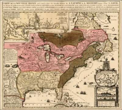 La carte du canada en 1748, la zone est réprésentée en rose